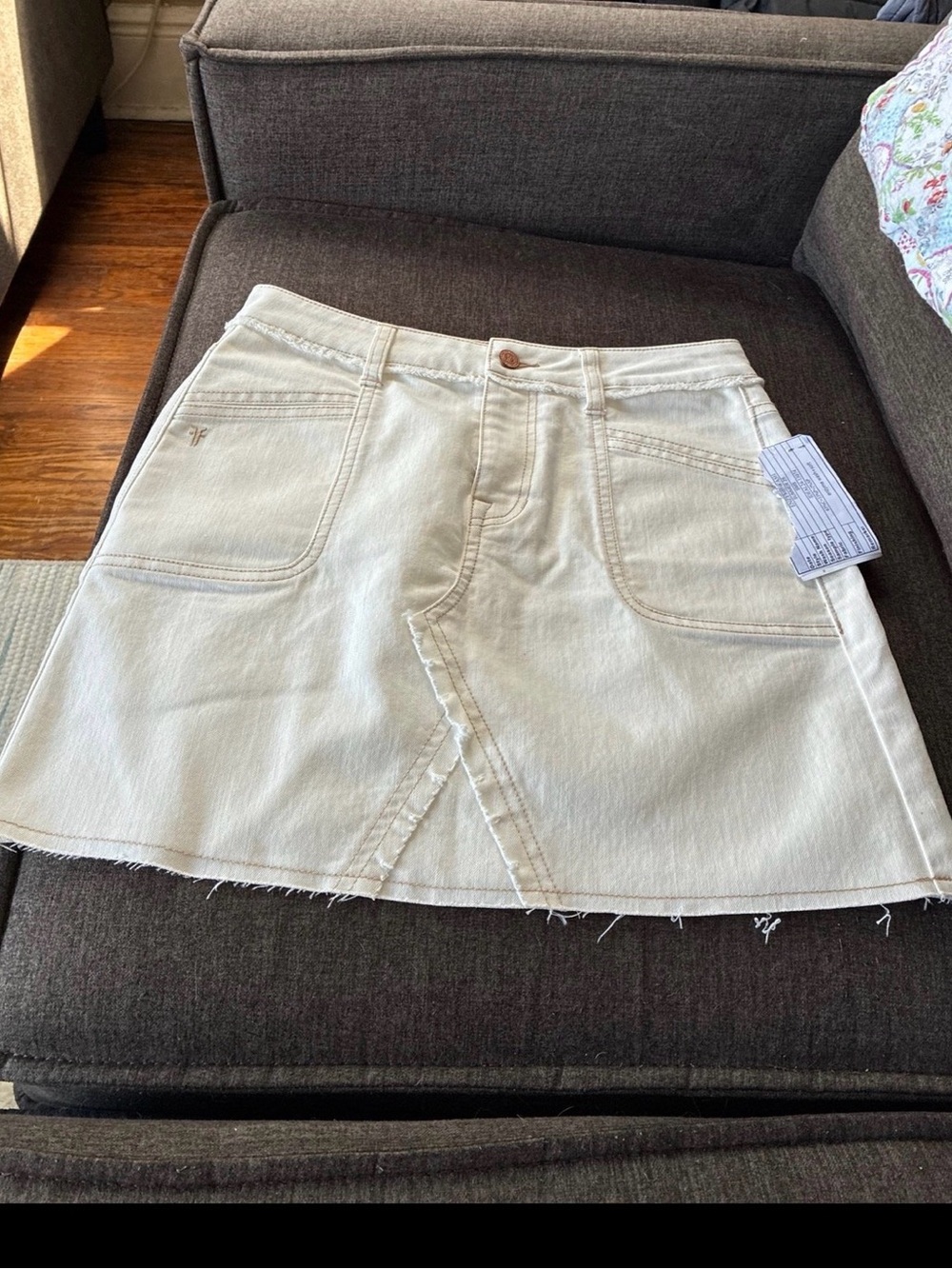 Frye Brand,Natural Cream Denim Mini Skirt with Front Notch